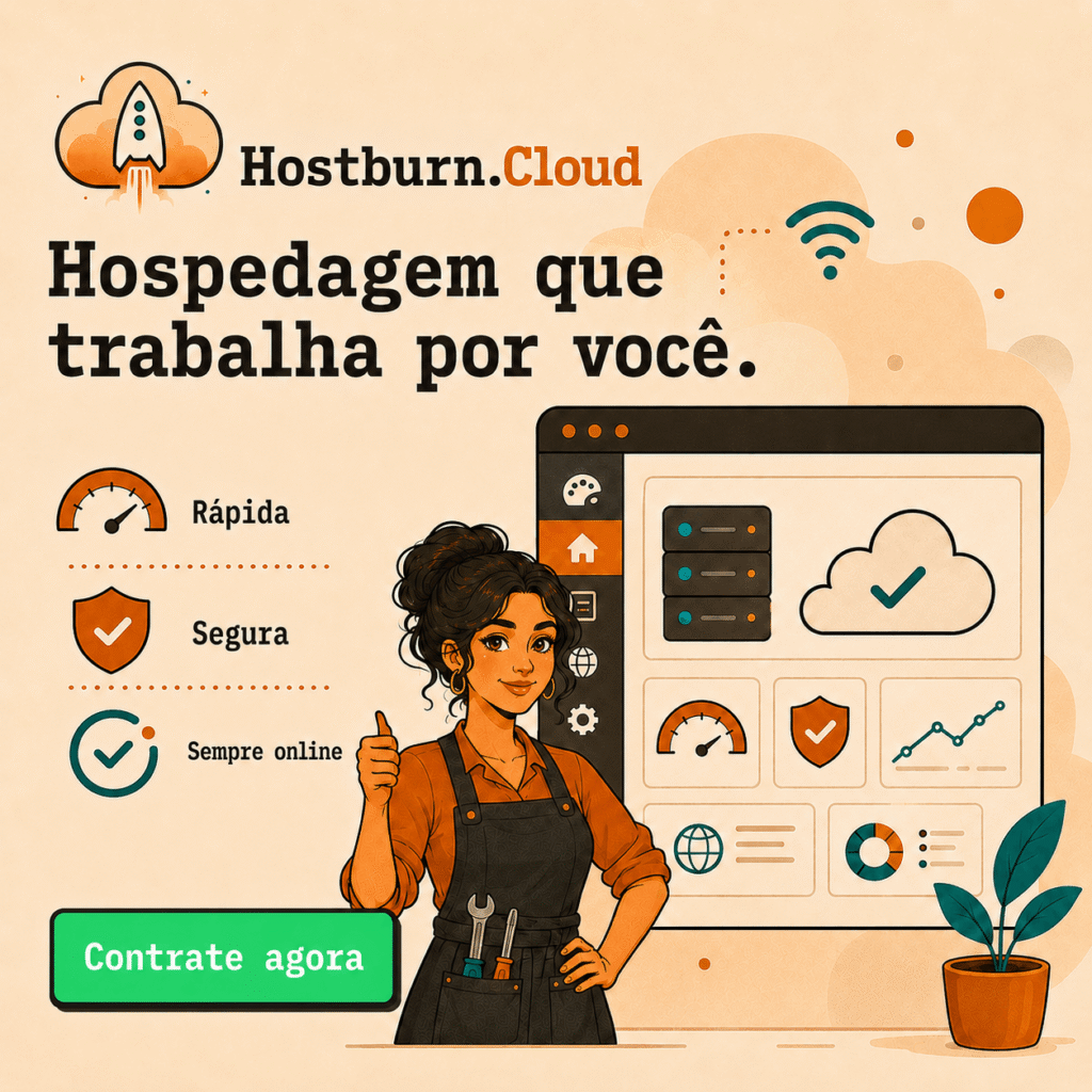 Ilustração da Hostburn.Cloud com painel de hospedagem e profissional fazendo sinal positivo. A arte destaca uma hospedagem rápida, segura e sempre online, com a chamada “Hospedagem que trabalha por você”.